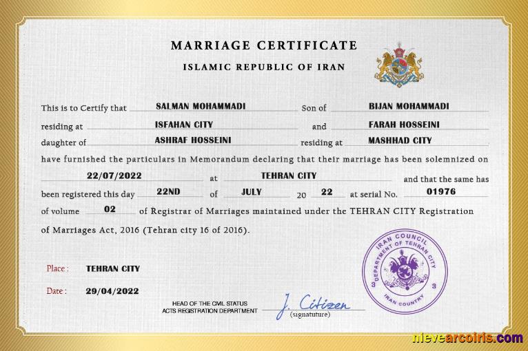 Iran marriage certificate